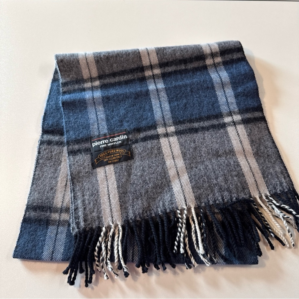 Pierre Cardin Tartan Plaid Men’s Scarf Pure Wool Gray Blue Fringe 12"x46" Preppy